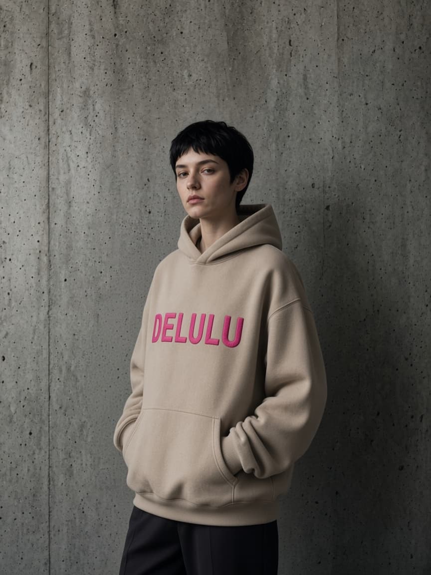 Modell i sandfärgad hoodie, trekvartsvy.
