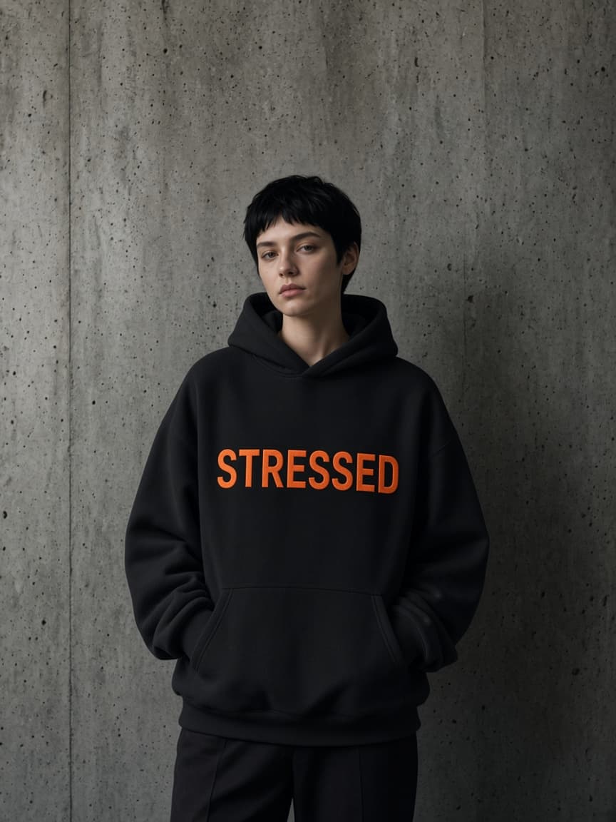 Svart oversize-hoodie med orange brodyr STRESSED på bröstet, framifrån mot rå betong.